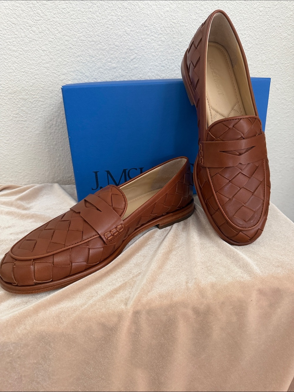 J. McLaughlin- Woven Leather Penny Loafers in saddle brown     size 8 NEW